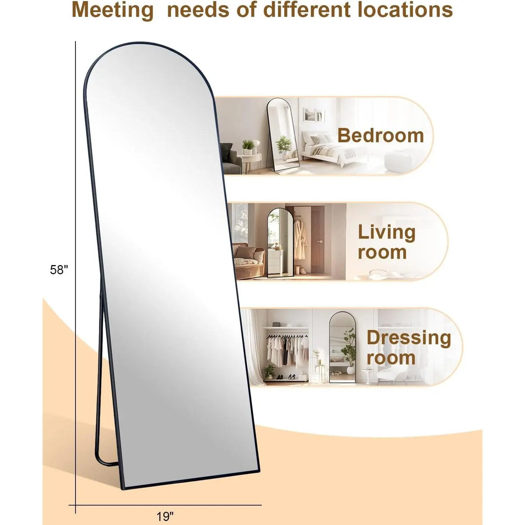 58" x 19" Arched Full Length Floor Mirror with Stand - Versatile Hanging or Leaning Design for Bedroom and Living Room in Black