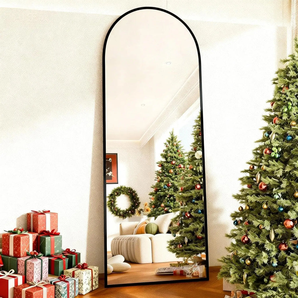 58" x 19" Arched Full Length Floor Mirror with Stand - Versatile Hanging or Leaning Design for Bedroom and Living Room in Black