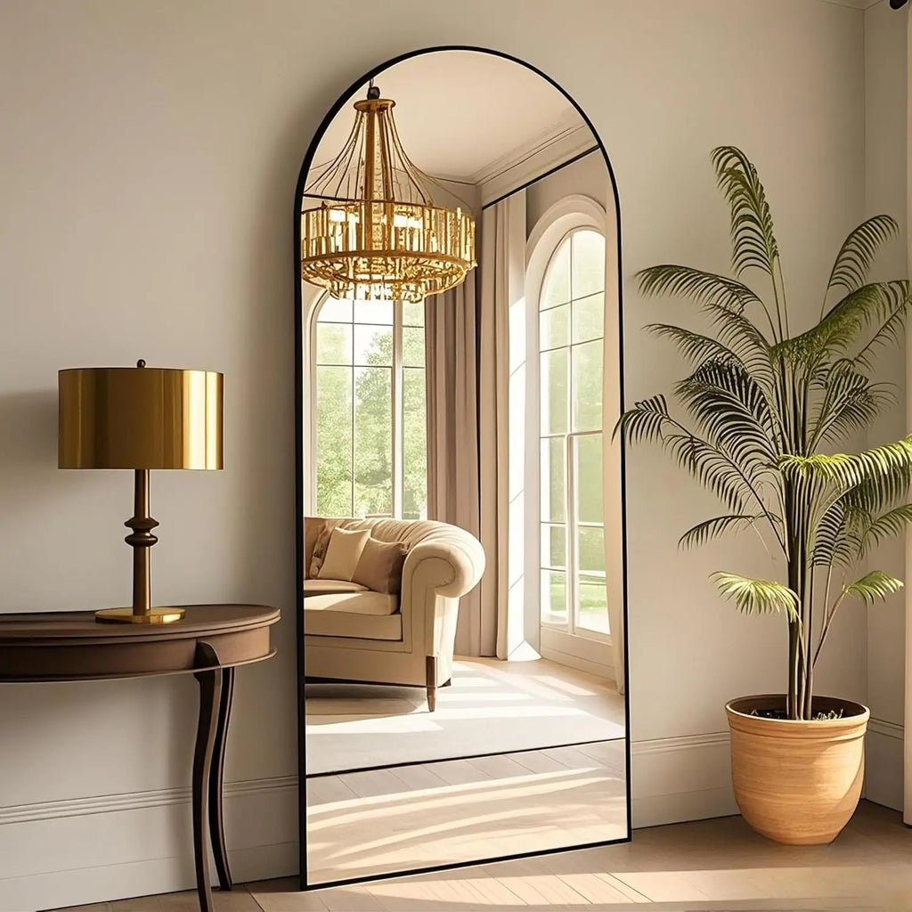 58" x 19" Arched Full Length Floor Mirror with Stand - Versatile Hanging or Leaning Design for Bedroom and Living Room in Black