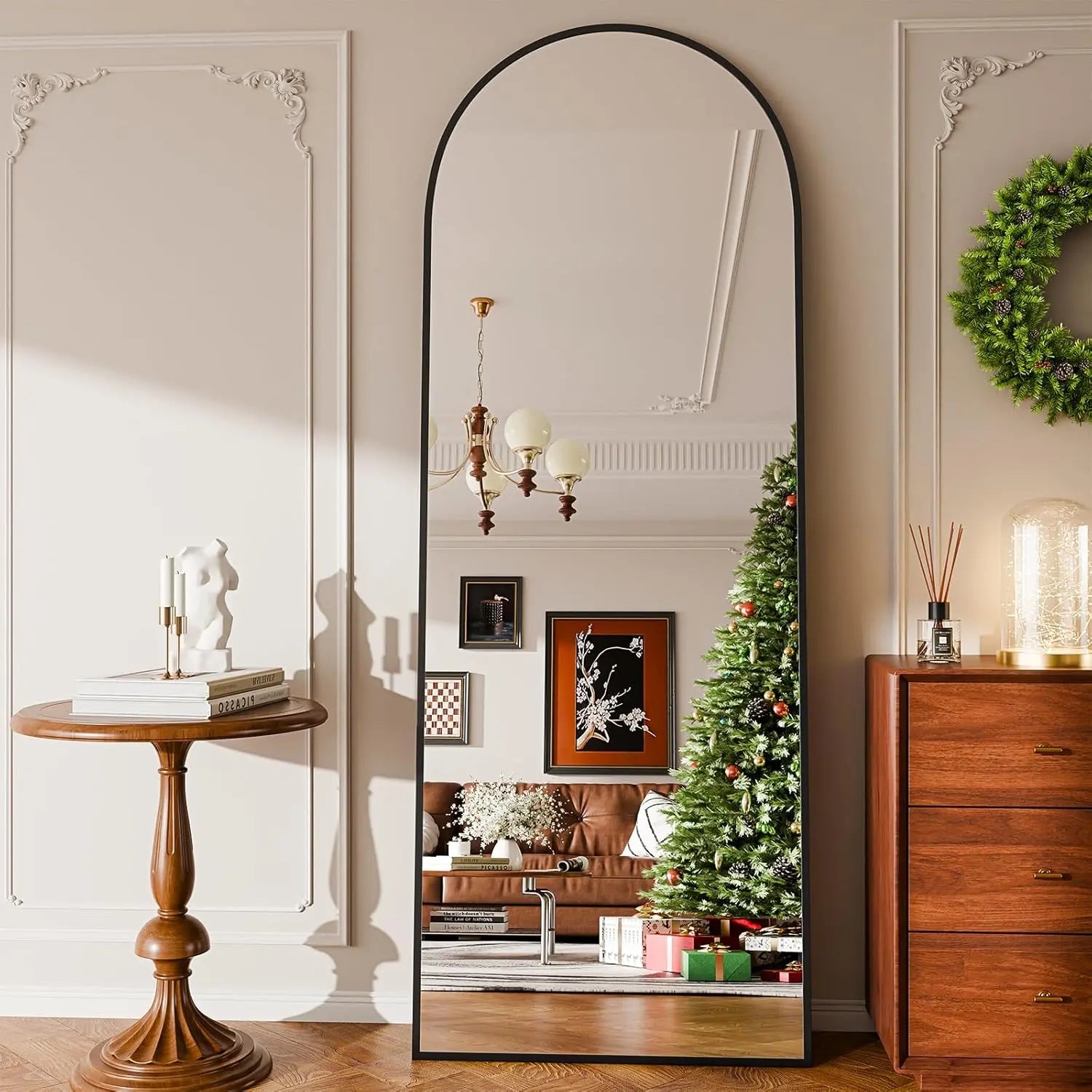 58" x 19" Arched Full Length Floor Mirror with Stand - Versatile Hanging or Leaning Design for Bedroom and Living Room in Black